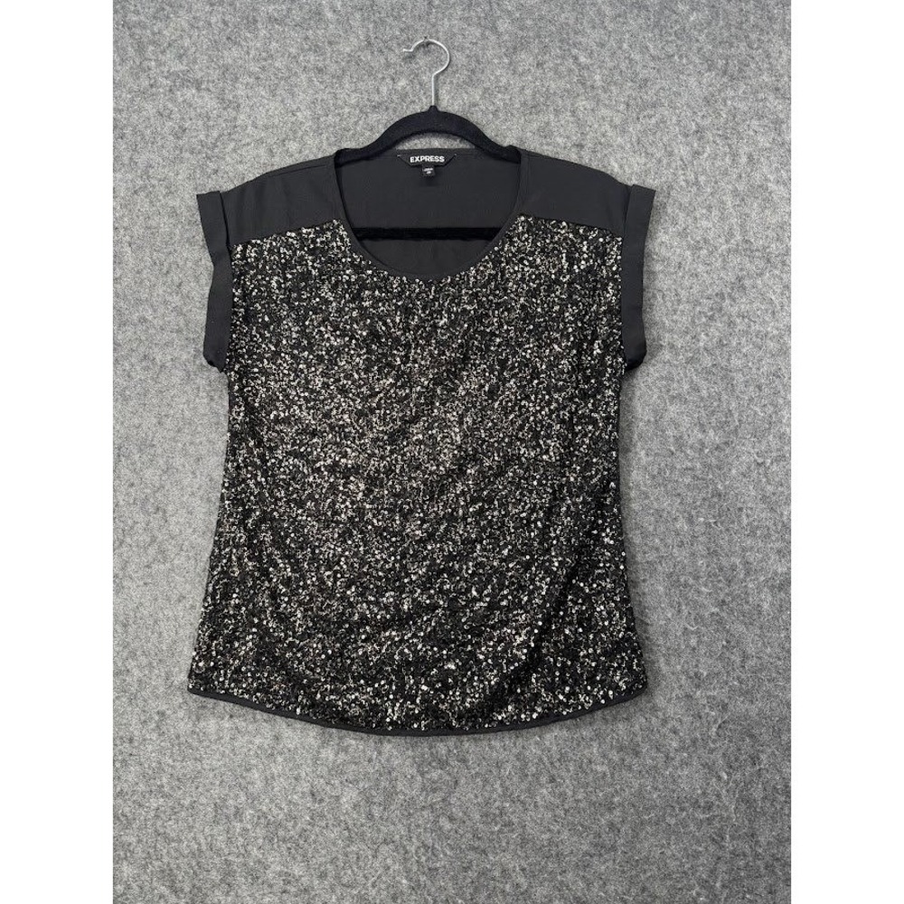 Express Womens Black Gold Sequin Front Cuffed Short Sleeve Scoop Neck Blouse XS